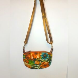 Women's Vibrant Small Floral Crossbody Shoulder Bag in Oranges and Greens